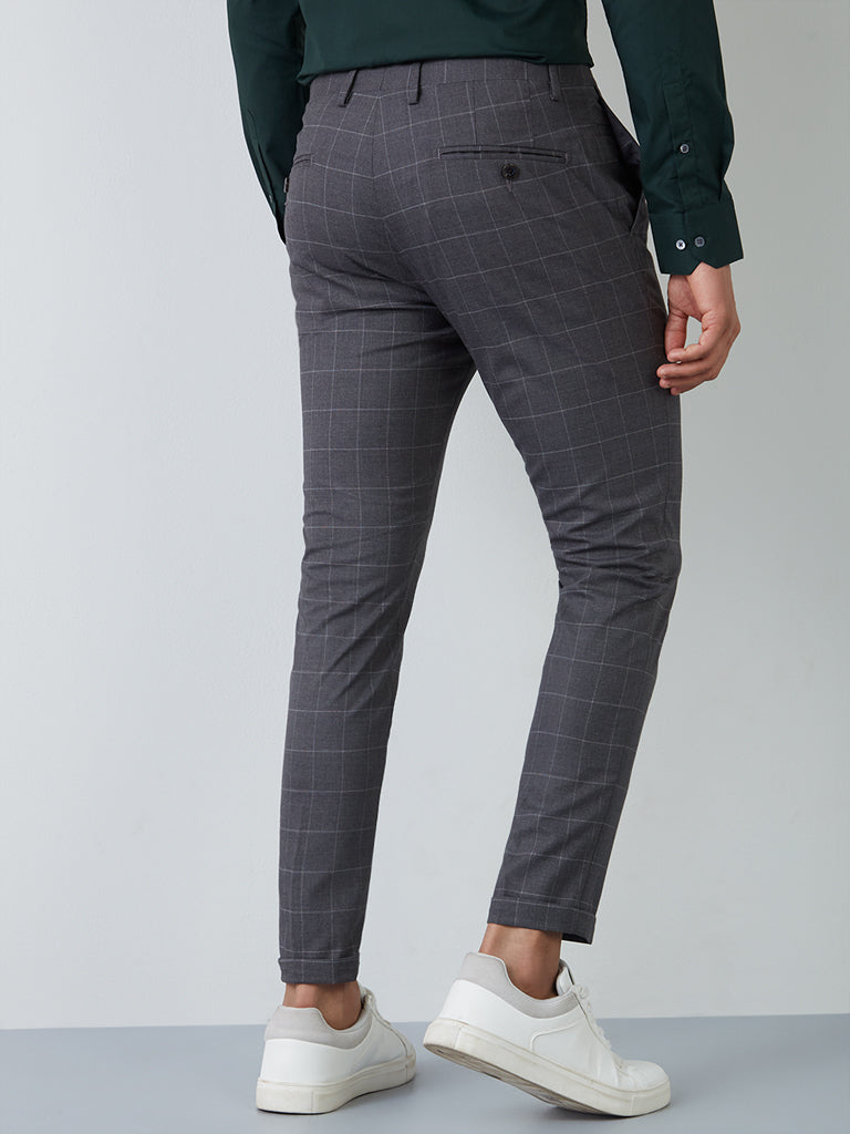 WES Formals Grey Checkered Slim-Fit Mid-Rise Trousers