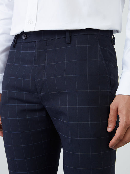 WES Formals Navy Checkered Carrot-Fit Trousers