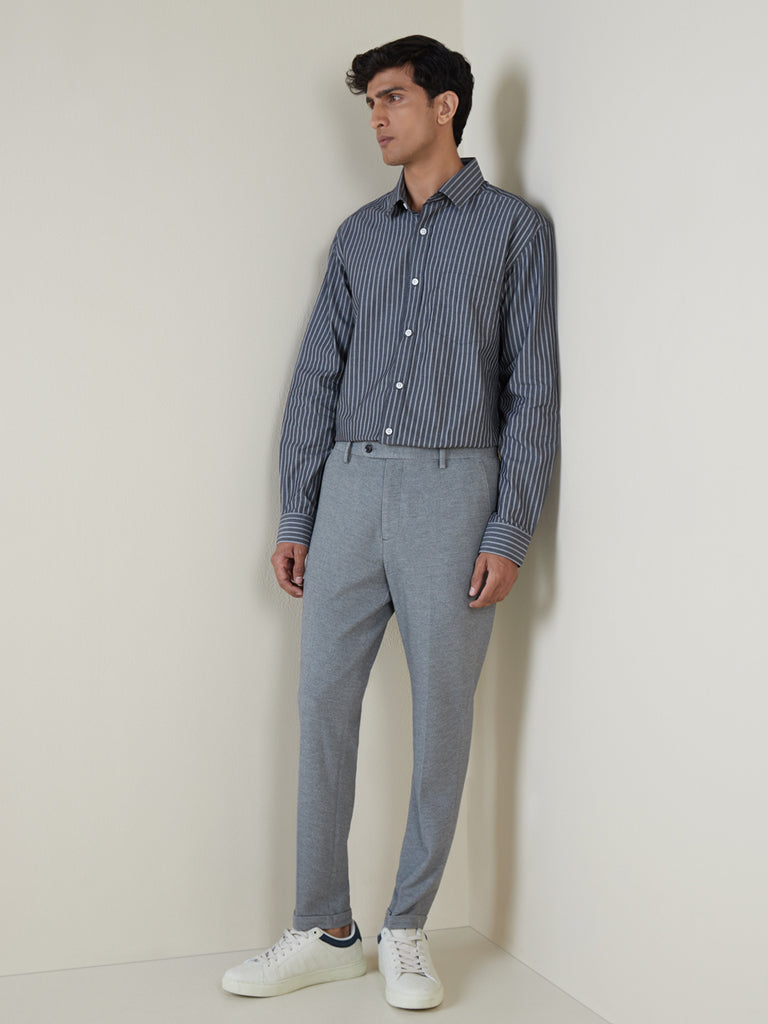 Dark Grey striped Pure wool flatfront Trousers for men