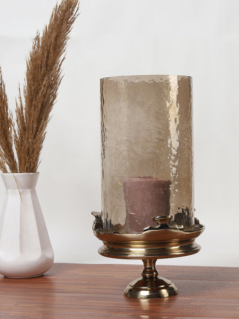 Westside Home Hammered Gold Glass Pillar Candle Holder- Large