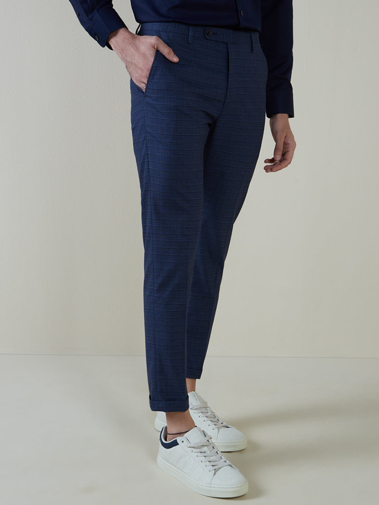 Shop WES Formals Navy Checkered CarrotFit Trousers Online  Westside