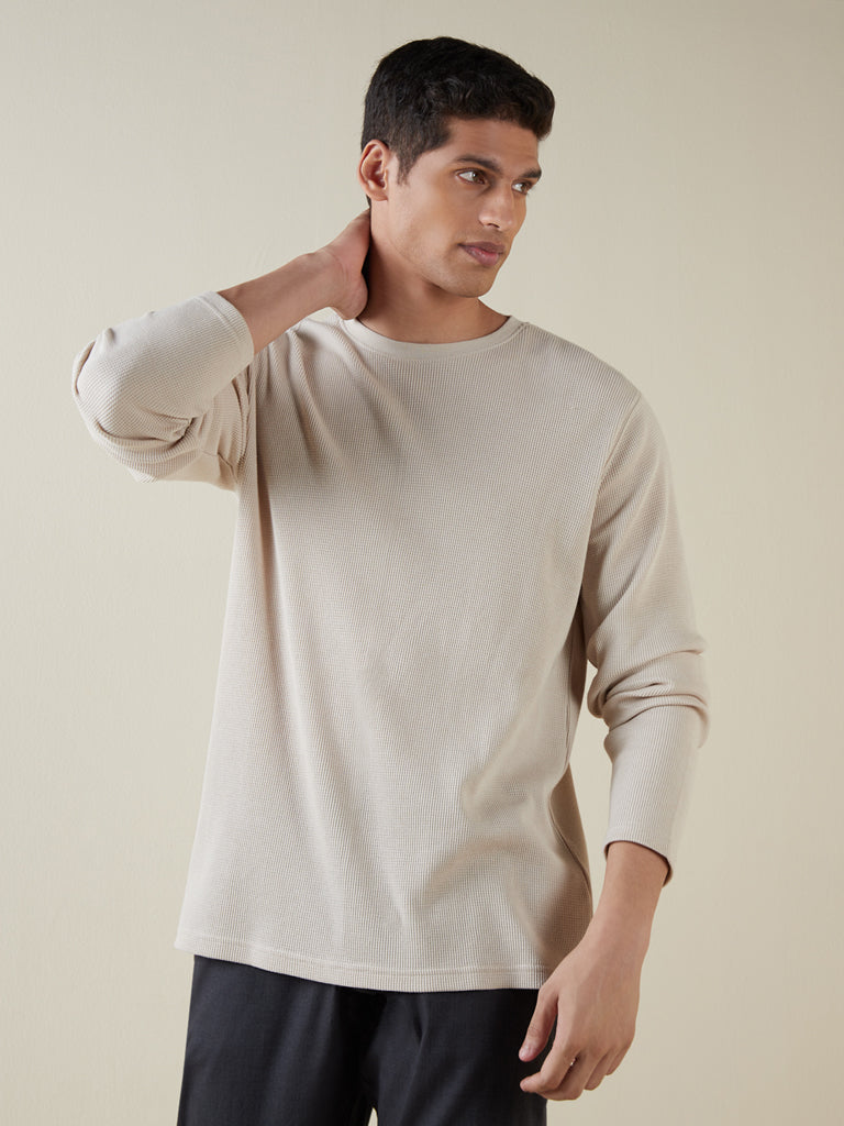 ETA Beige Self-Textured Cotton Blend Slim-Fit T-Shirt