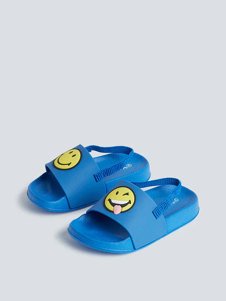 Yellow Blue Smiley-Design Slingback Slides