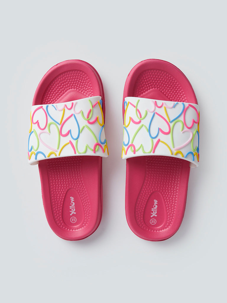 Buy Yellow Kids Fuchsia Heart Patterned Slides from Westside