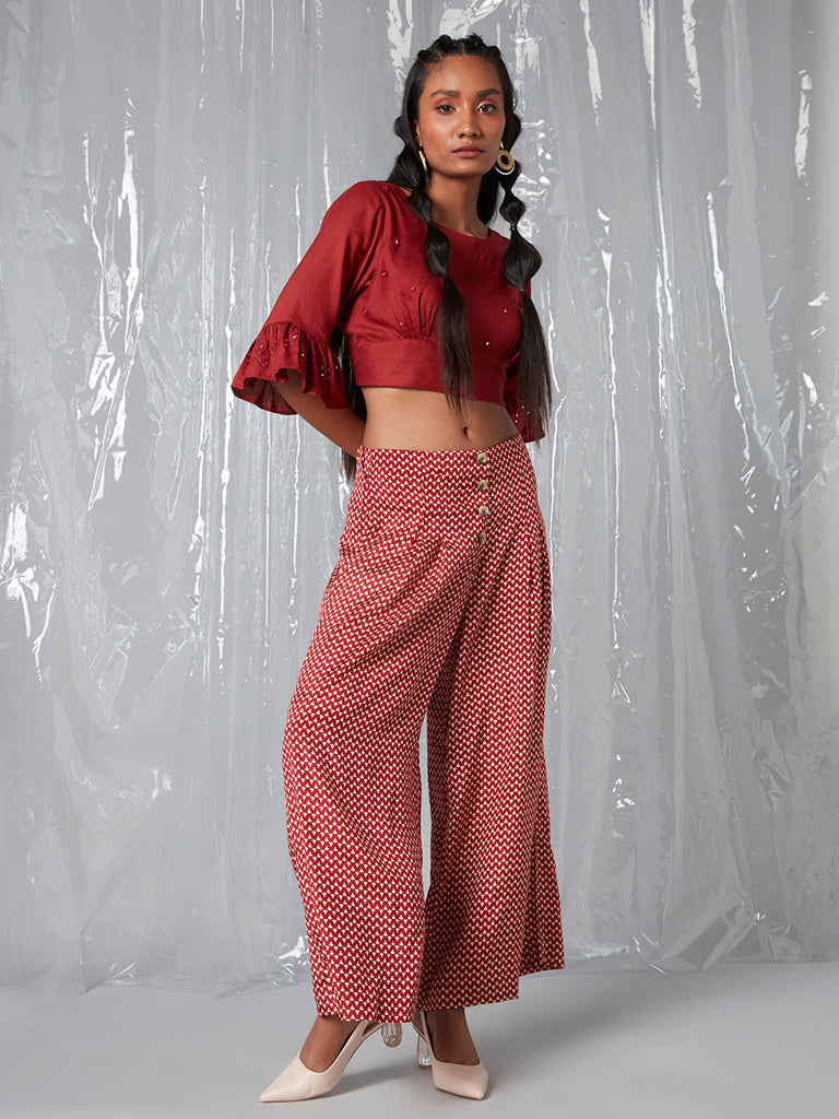 Buy Floral Printed Peach Suit With Contrasting Maroon Palazzo Pants Online   Kalki Fashion