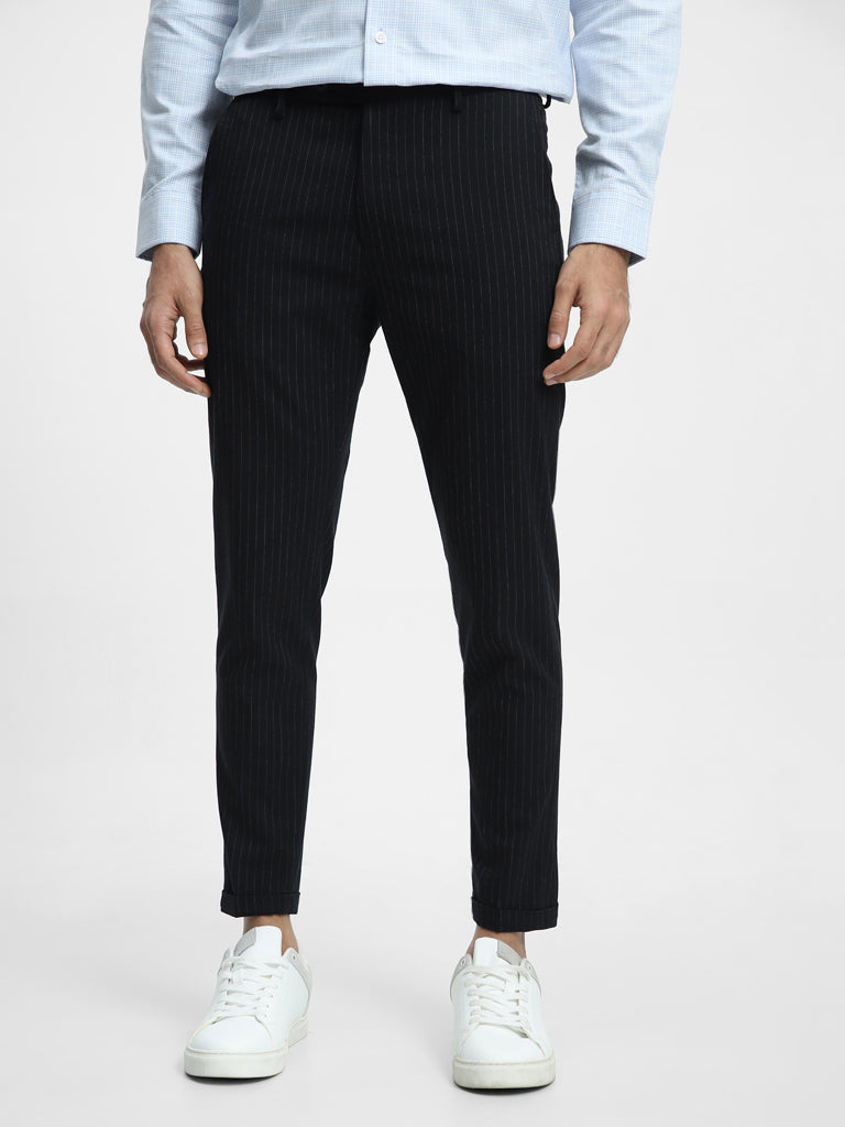 Shop WES Formals Striped Navy Carrot Fit Trousers Online  Westside