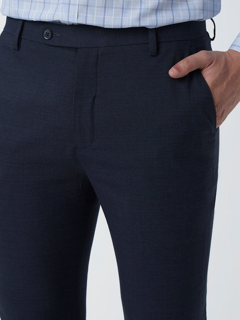 Buy Peter England Elite Navy Blue Slim Fit Checks Trousers for Mens Online   Tata CLiQ