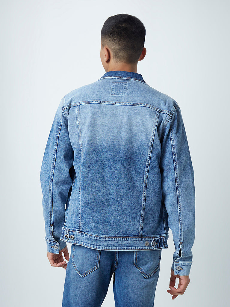 Spykar Men Mid Blue Cotton Slim Fit Denim Jacket