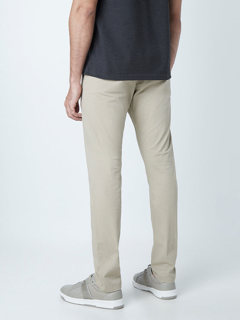 WES Casuals Beige Cotton Blend Slim-Fit Mid-Rise Chinos
