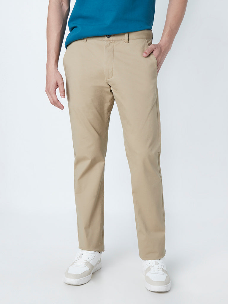 WES Casuals Tan Cotton Blend Relaxed-Fit Mid-Rise Chinos
