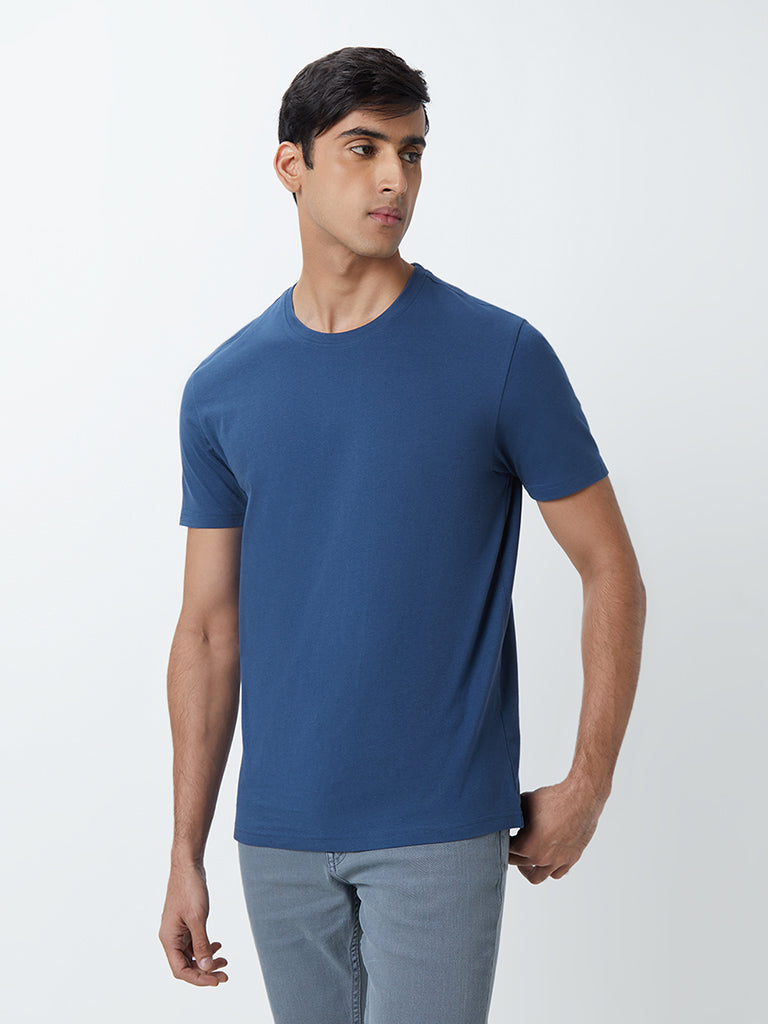 WES Casuals Blue Eco-Save Cotton Slim-Fit T-Shirt