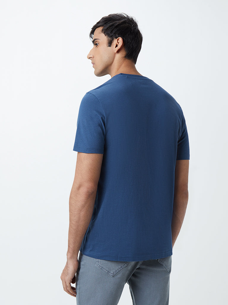 WES Casuals Blue Eco-Save Cotton Slim-Fit T-Shirt