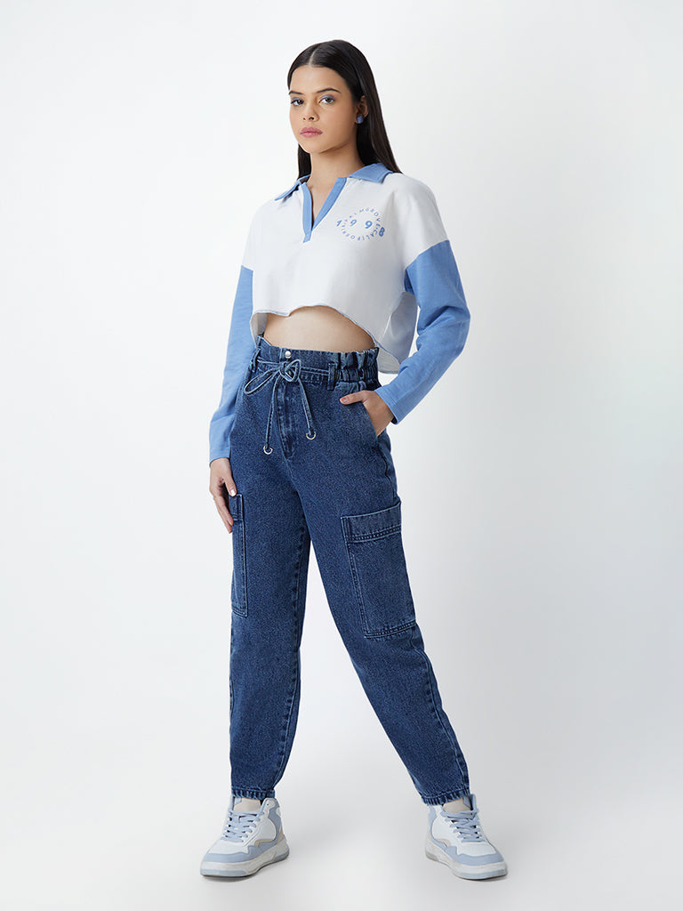 Paperbag Waist Knotted Tapered Denim Pants  Styched Fashion