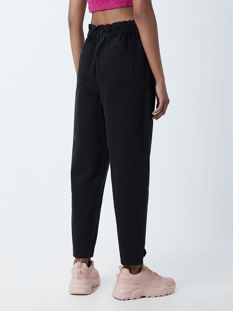 Buy Women Black Paperbag High Waist Straight Fit Trousers  Trends Online  India  FabAlley