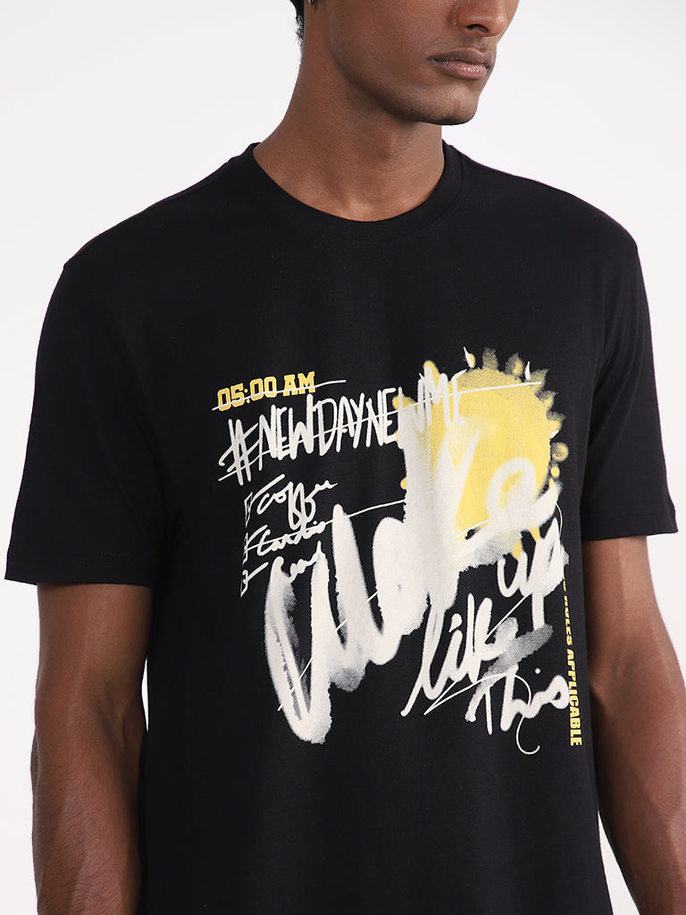 Studiofit by Westside Printed Black Slim Fit T-Shirt