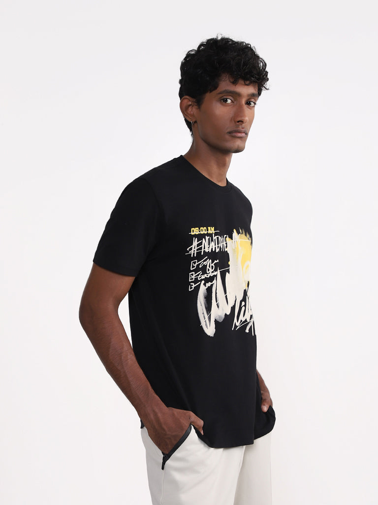 Studiofit by Westside Printed Black Slim Fit T-Shirt