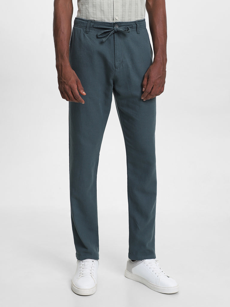 ETA Solid Teal Blended Linen Slim-Fit Mid-Rise Chinos