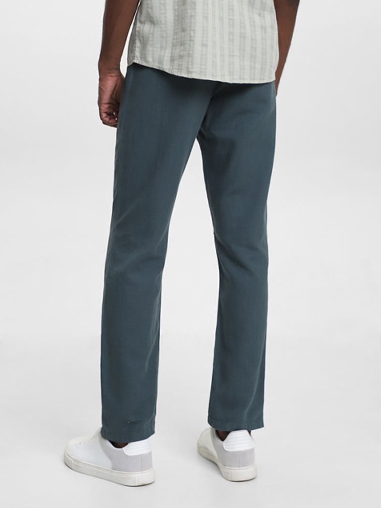 ETA Solid Teal Blended Linen Slim-Fit Mid-Rise Chinos